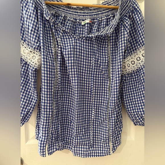 Made in Italy blue gingham crochet long sleeve top size Large shirt - Picture 4 of 11
